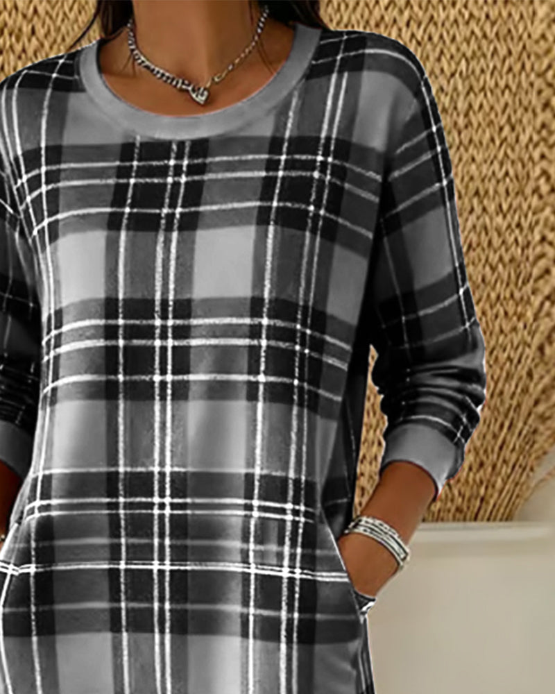 ELLIAN - LONG SLEEVE CHECKERED SWEATSHIRT DRESS