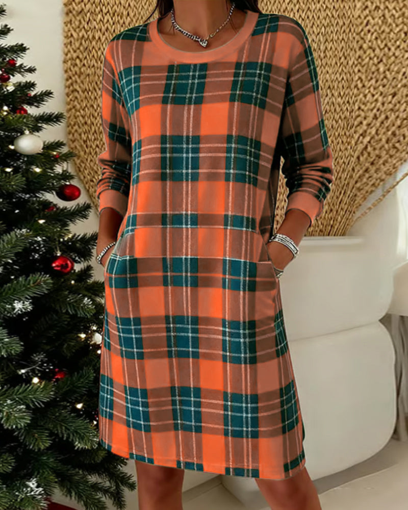 ELLIAN - LONG SLEEVE CHECKERED SWEATSHIRT DRESS