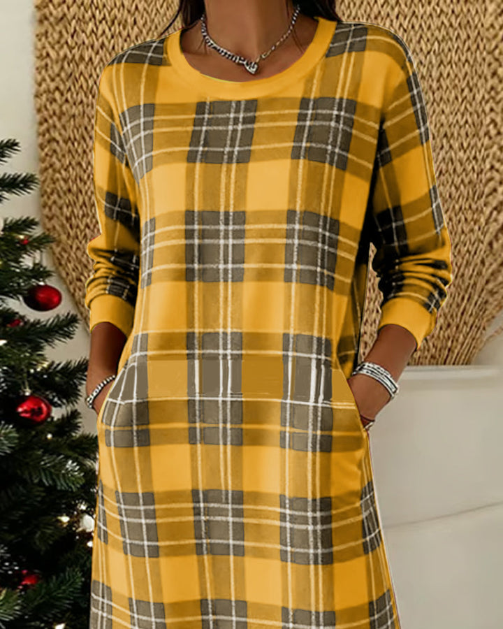 ELLIAN - LONG SLEEVE CHECKERED SWEATSHIRT DRESS