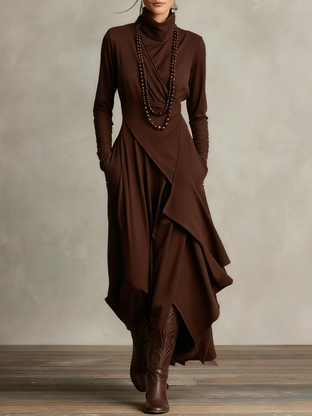 Giorgia - Asymmetrical Pleated High Neck Maxi Dress