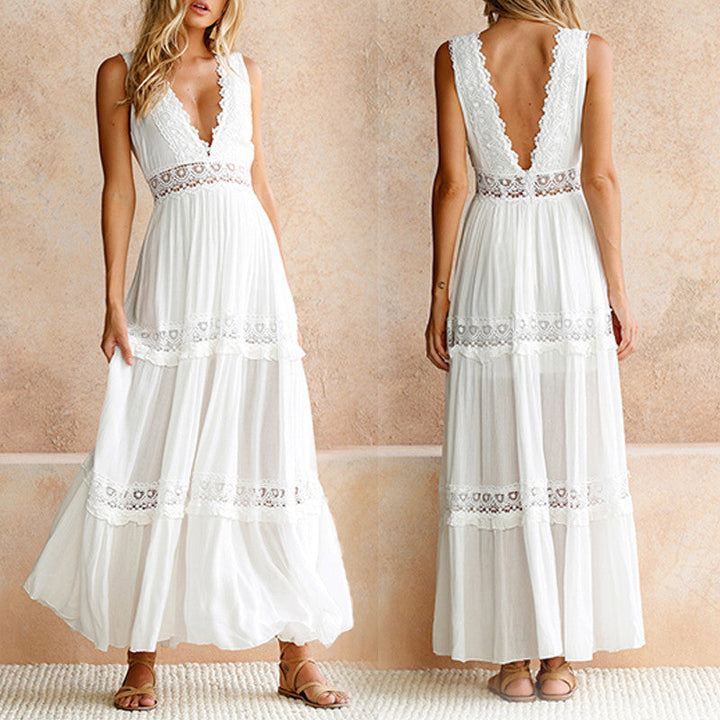 MISHA - V-NECK LACE-BACK MAXI DRESS