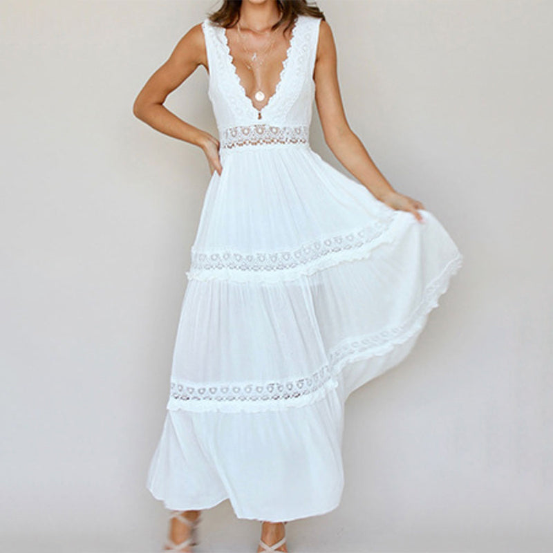 MISHA - V-NECK LACE-BACK MAXI DRESS